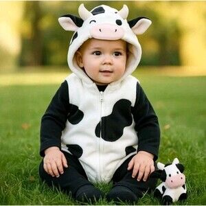New Carters 3-piece Halloween Costume Black White Cow 3-6 months infant